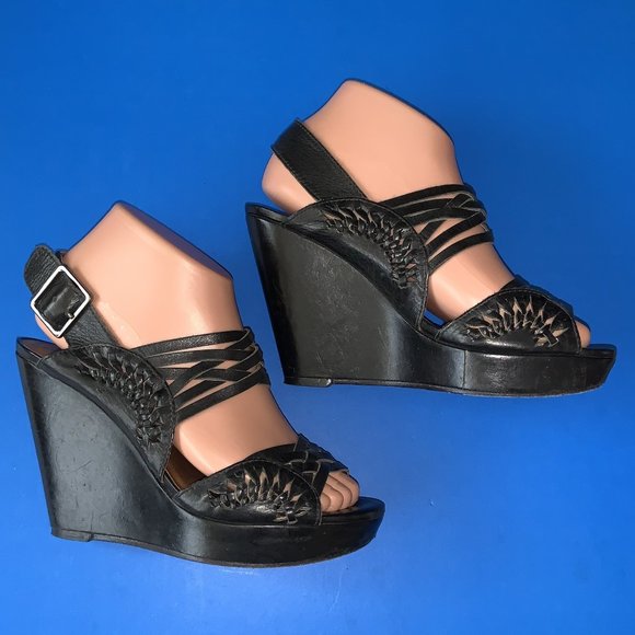 CYNTHIA VINCENT Black Braided Wedge Platform Slingback Shoes Size 6 - Picture 1 of 6